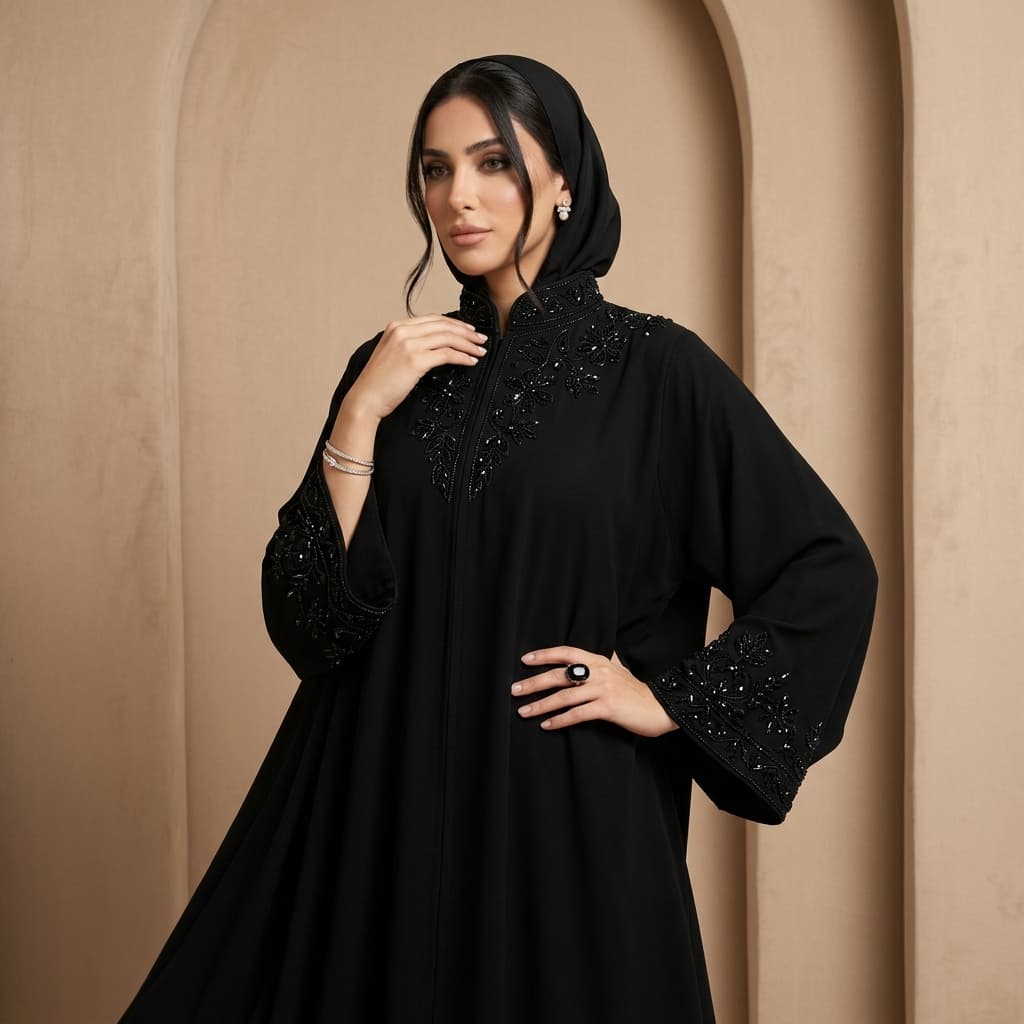 عباية كوتور ملكية مطرزة بكريستال سواروفسكي الأسود